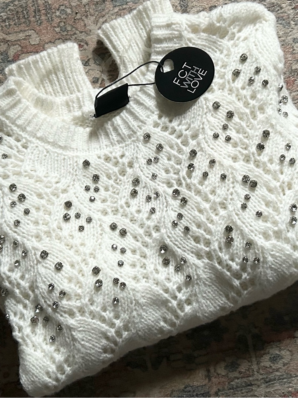 Knitted White Sweater with Rhinestones